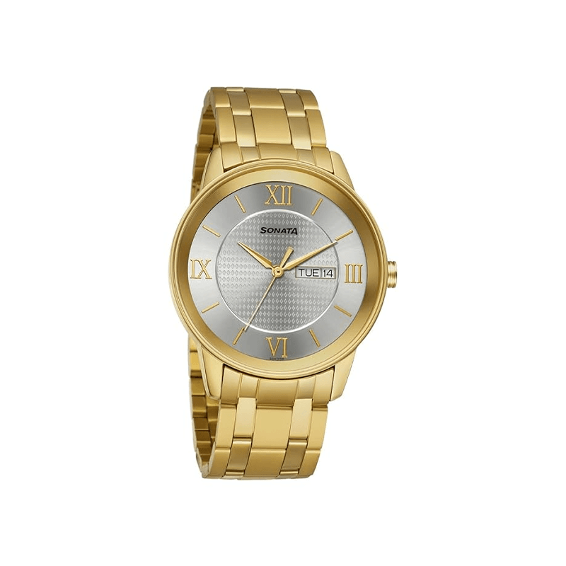 Sonata Utsav Quartz 7133YM01 Analog Day Date Stainless Steel Strap Men’s Watch