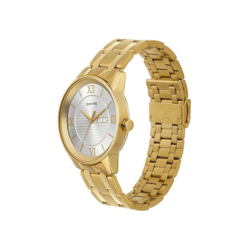 Sonata Utsav Quartz 7133YM01 Analog Day Date Stainless Steel Strap Men’s Watch