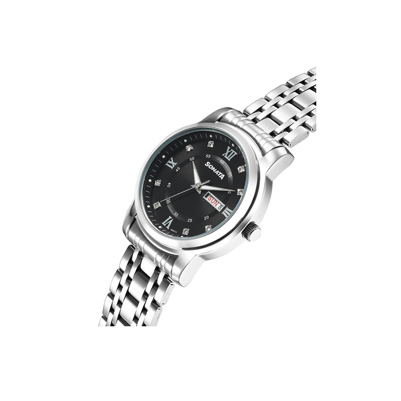 Sonata Wedding Quartz 77157SM01 Analog Day Date Stainless Steel Strap Men's Watch
