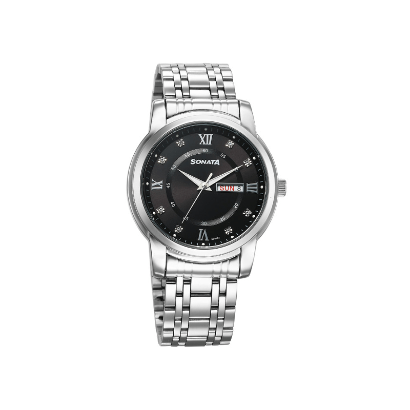 Sonata Wedding Quartz 77157SM01 Analog Day Date Stainless Steel Strap Men's Watch