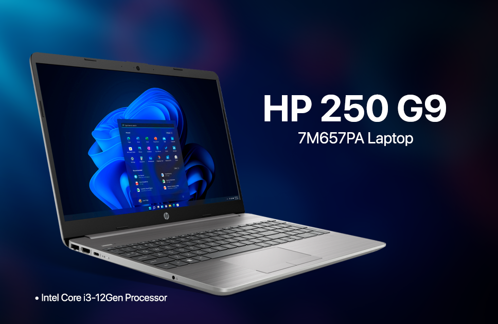 HP 250 G9 7M657PA Laptop 12th Gen Intel Core i3 processor, 8GB RAM, and a 512GB SSD.