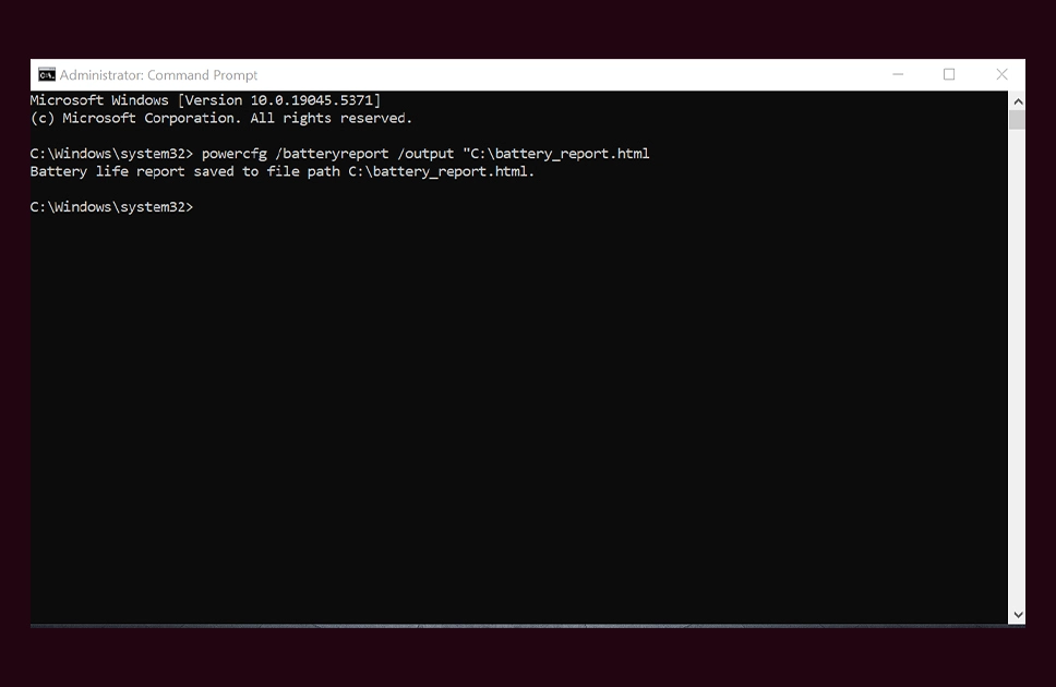 To generate a battery report on Windows, open the Command Prompt and type the following command, then press Enter: powercfg /batteryreport /output "C:\battery_report.html