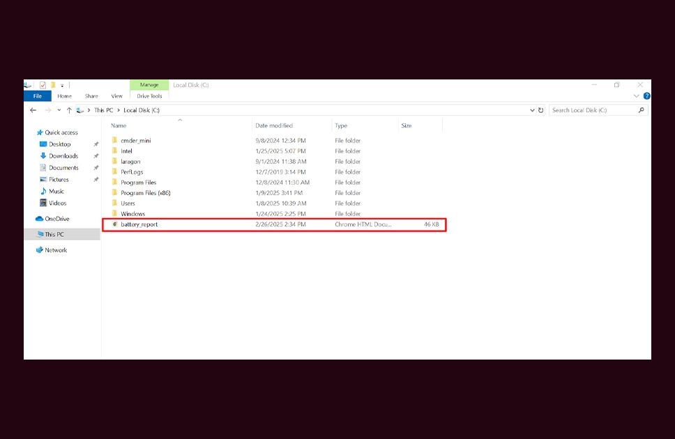 Locate and double-click the "battery_report.html" file to open it in your default web browser