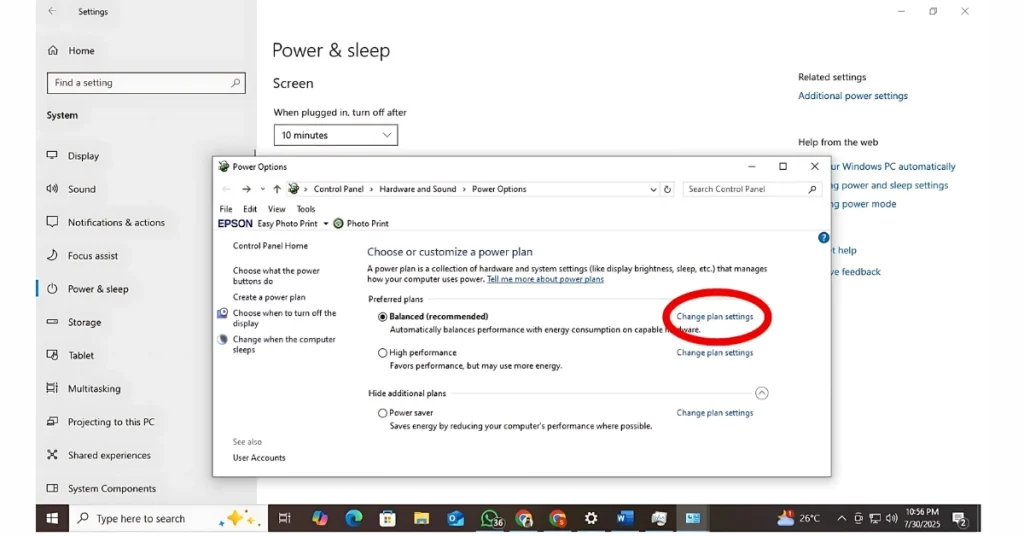 আগের ধাপ অনুসরন করে “Power Option” এ যান। এখান থেকে “Change plan settings” এ ক্লিক করলে নতুন একটা উইন্ডো ওপেন হবে। 